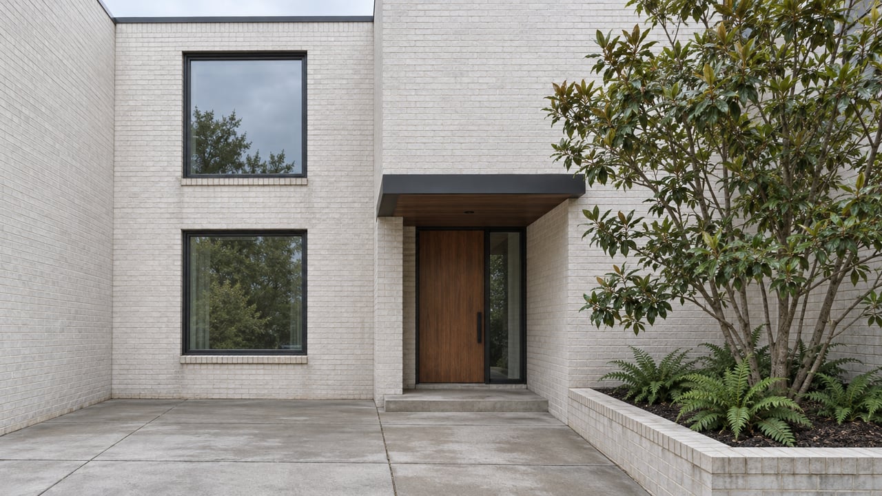 Contemporary painted-brick residence with charcoal-framed windows, a recessed wood entry door, concrete approach and a magnolia planted beside the entrance.