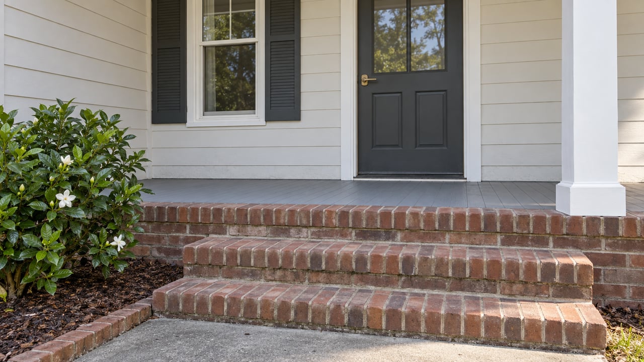 Close view of worn brick porch steps leading to a charcoal front door beneath a white timber porch, with a gardenia beside the approach.