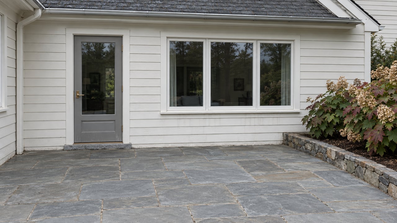 A glazed rear door and broad window overlook a weathered blue-gray stone terrace beside oakleaf hydrangeas.