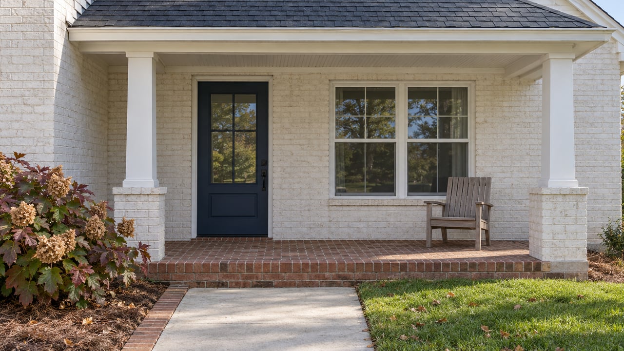 Painted-brick home with a navy glazed door, brick porch steps, a teak chair and autumn oakleaf hydrangea.