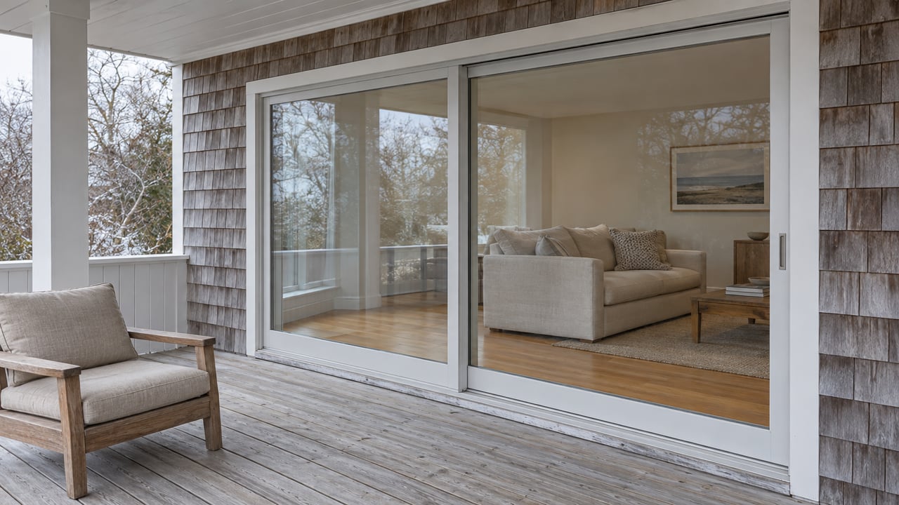 Weathered cedar-shingle home with a broad timber porch, teak chair, and closed glass doors revealing a warm oak-floored gathering room.