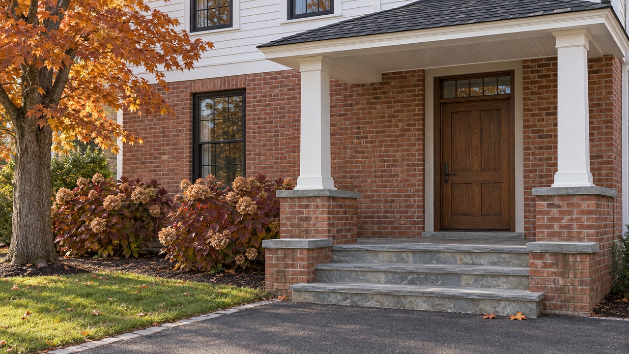 Brick and white-clapboard home with a sheltered oak entrance, bluestone steps and autumn foliage.