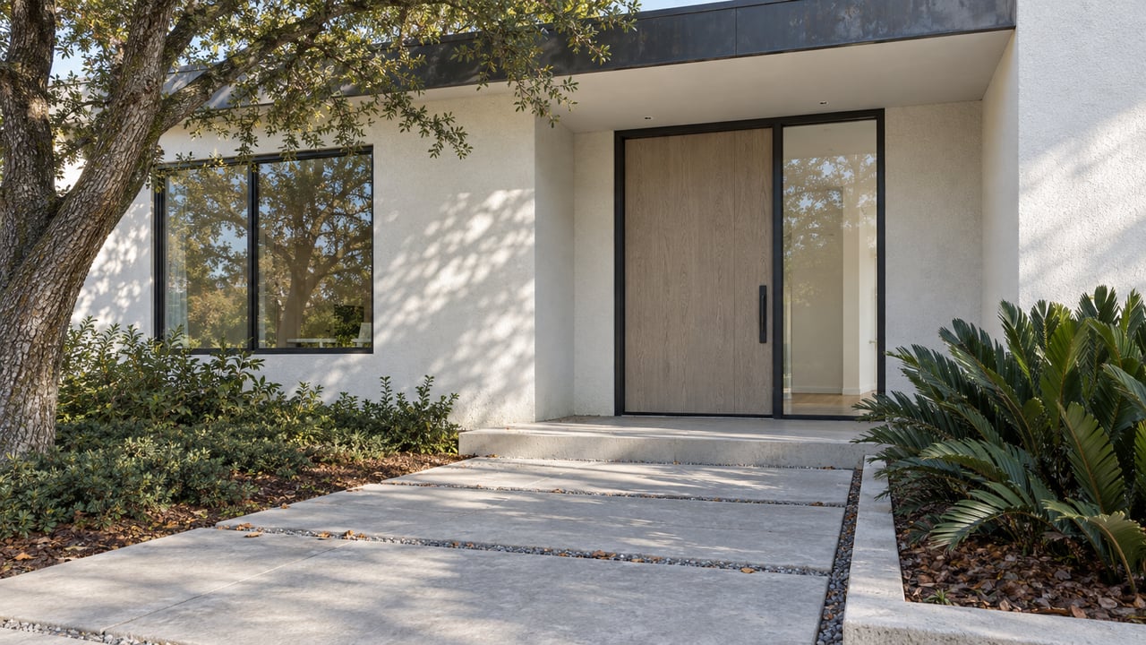 Contemporary white-stucco home entry with an oak door, black-framed glazing, pale concrete paving, a spreading live oak and a sculptural coontie planting.
