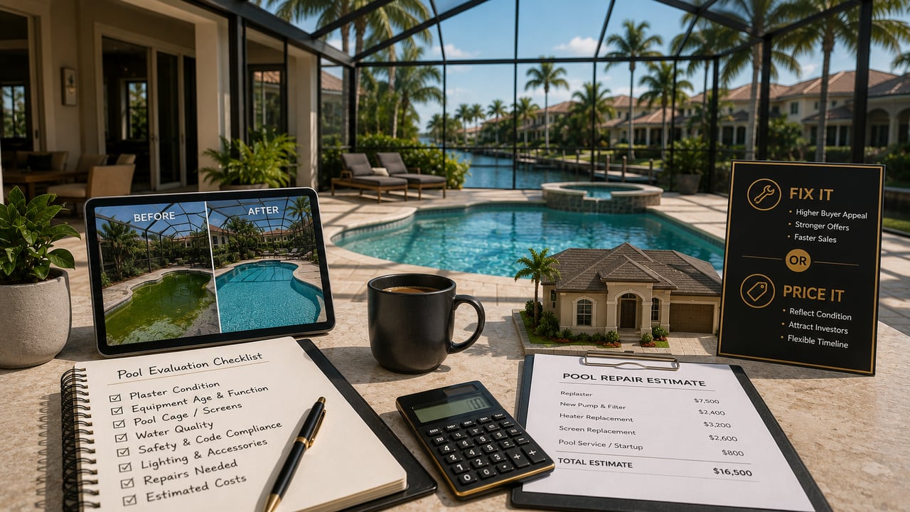 Luxury Southwest Florida waterfront home with a screened pool, pool repair estimates, inspection checklist, and renovation planning materials, illustrating whether to repair or price around pool issues before selling a home in Naples, Fort Myers, Bonita Springs, Estero, and Cape Coral.