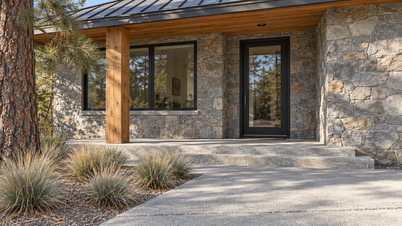 Stone-and-timber home entry with black-framed glass, broad concrete steps and dry bunchgrass planting in autumn sunlight.