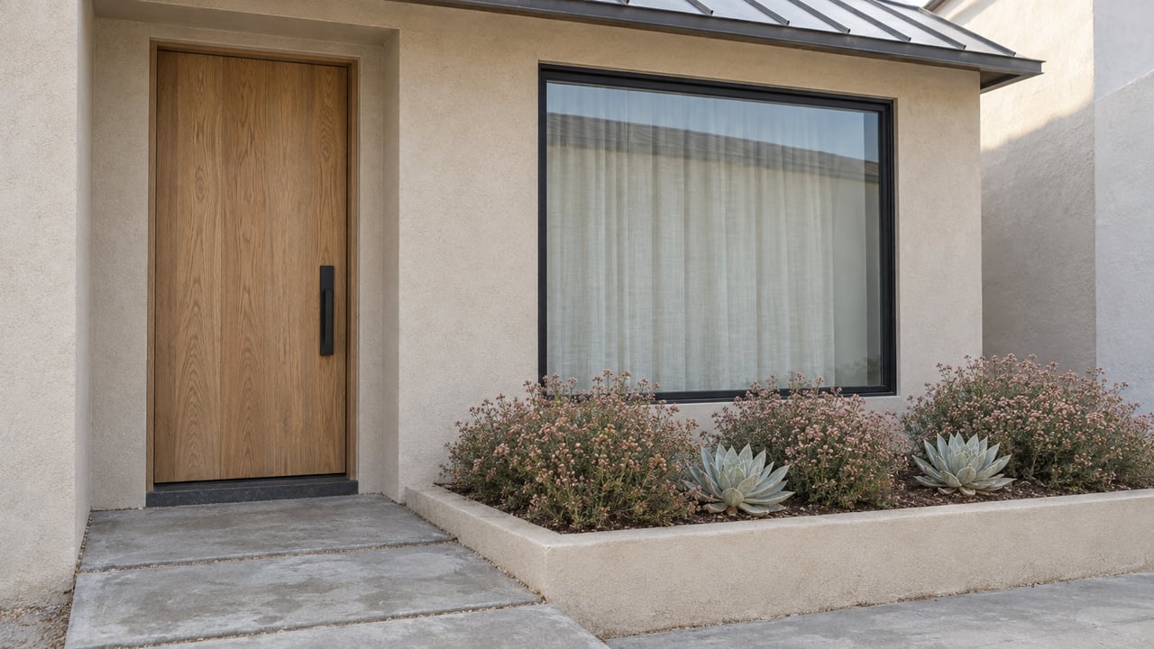 Compact coastal house with an oak entry door, black-framed window, and native plants in a raised bed.