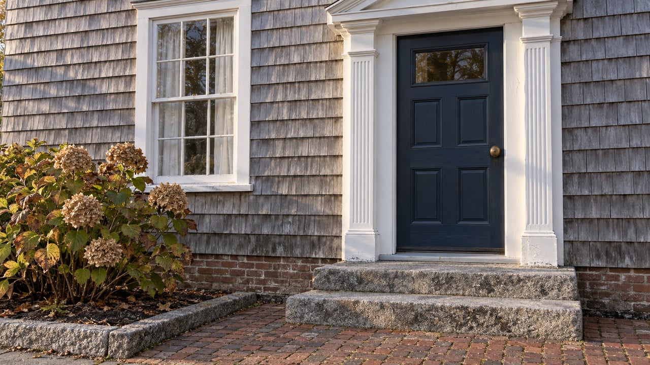 Weathered cedar shingles surround a navy entry door and divided-light window above worn granite steps and brick paving, beside a fading hydrangea.
