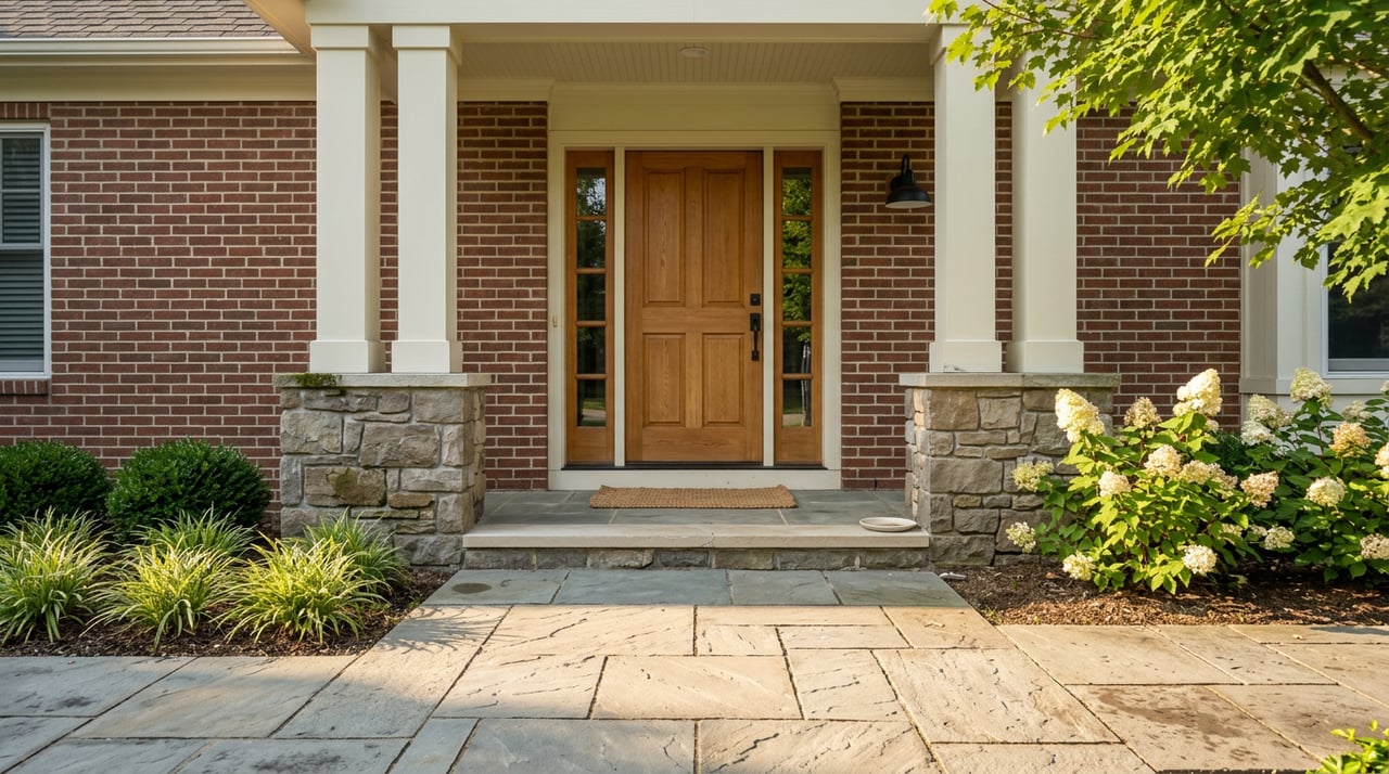 Bluestone walk leads to an oak-doored portico with ivory columns, stone piers, and pink-tinged hydrangeas.