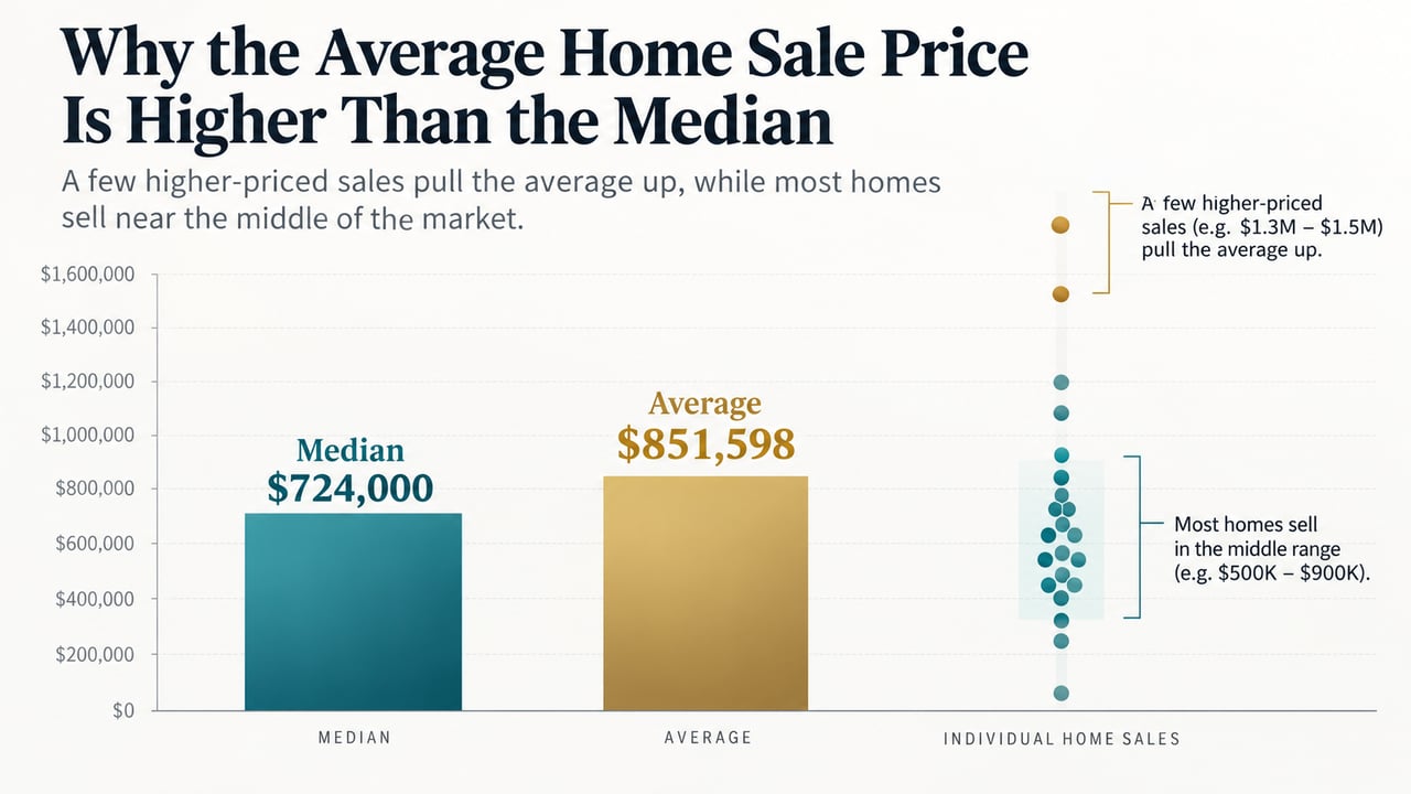 Average and median home sale prices, with higher-priced sales shown pulling the average upward.