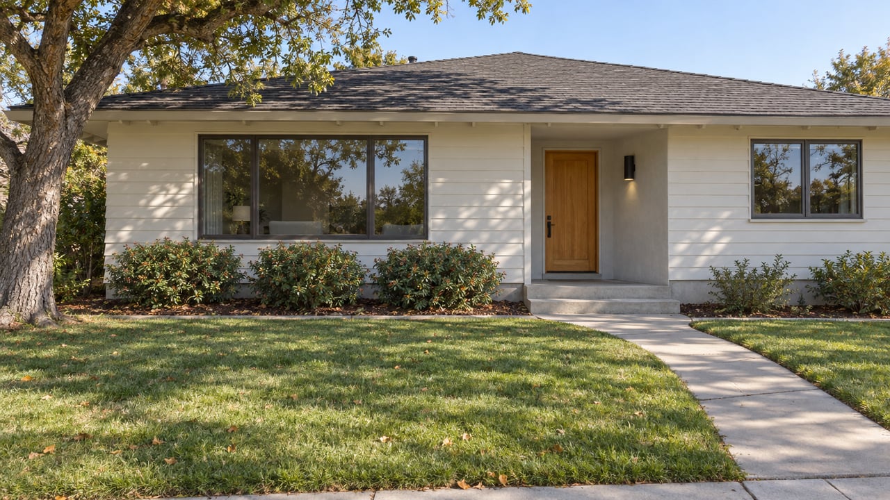 A white single-story gabled home behind a deep green lawn, with dark-framed windows, a wood front door, and a mature oak.