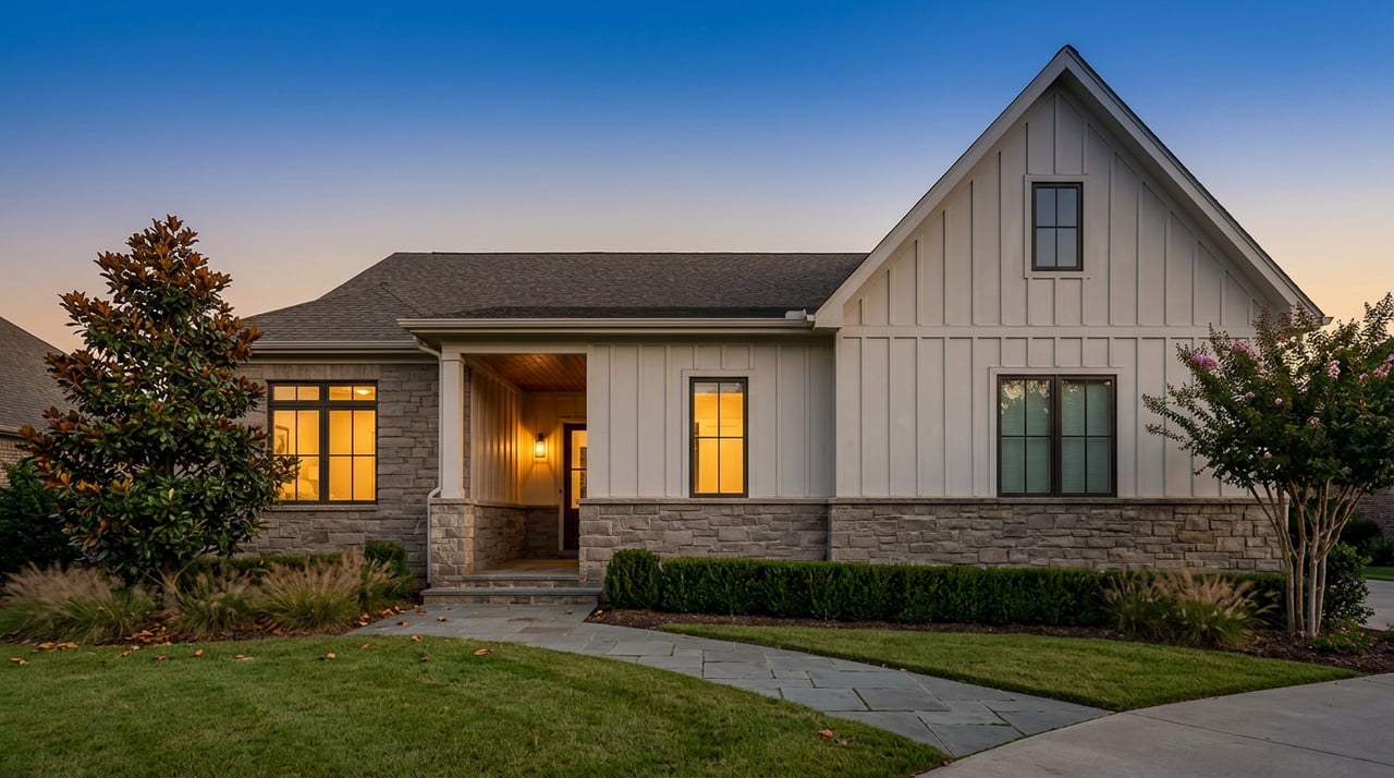 Suburban home with stone and white siding, warm glowing windows, a front lawn, magnolia tree, and paver walkway at dusk.