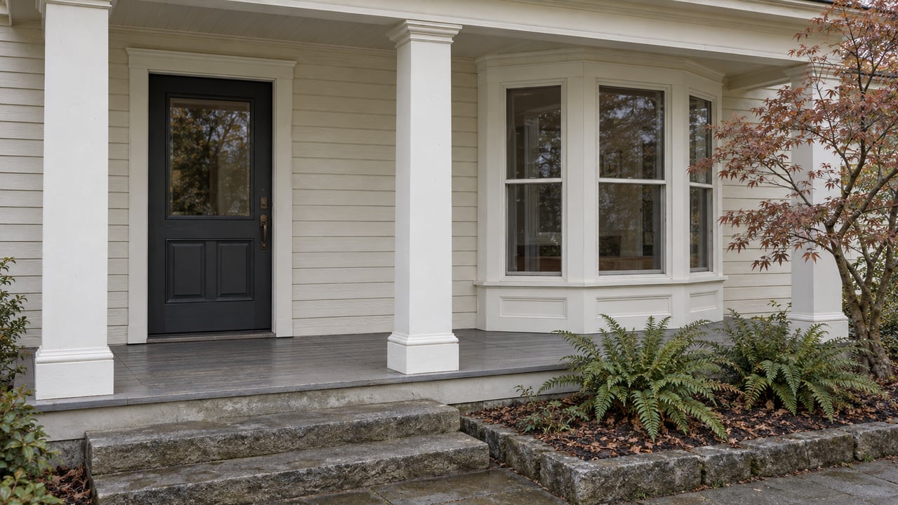 Cream wood-sided home with a sheltered porch, charcoal entry door, white-trimmed bay window, stone steps, and a copper-leaved Japanese maple.
