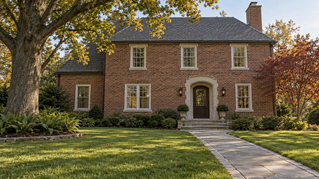 Morning light on a detached brick home with limestone entry steps, a deep lawn, white oak branches and autumn dogwood foliage.