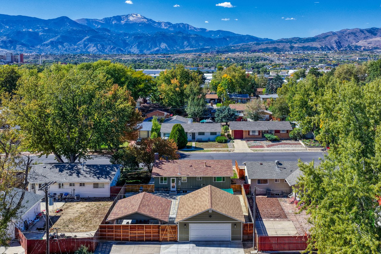 Aerial view of 2845 N Institute, Colorado Springs, with Pikes Peak and the mountains behind