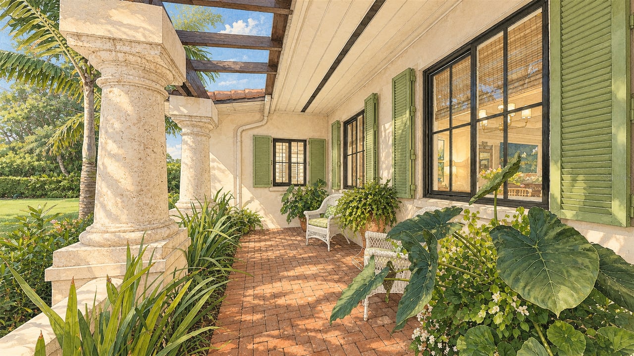 Covered patio with stone columns, brick paving, green shutters, wicker chairs, and tropical plants.