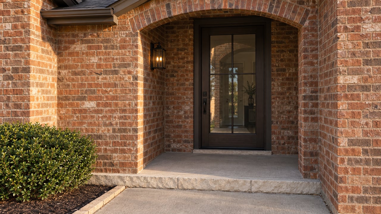 Recessed brick entry with an arched doorway, dark glazed door, and limestone step.