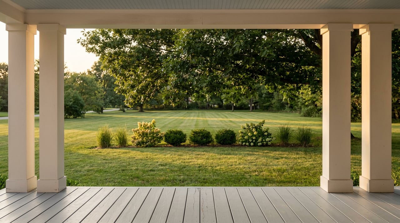 Painted porch columns frame a deep front lawn, clipped shrubs, and a large shade tree in warm late-afternoon light.