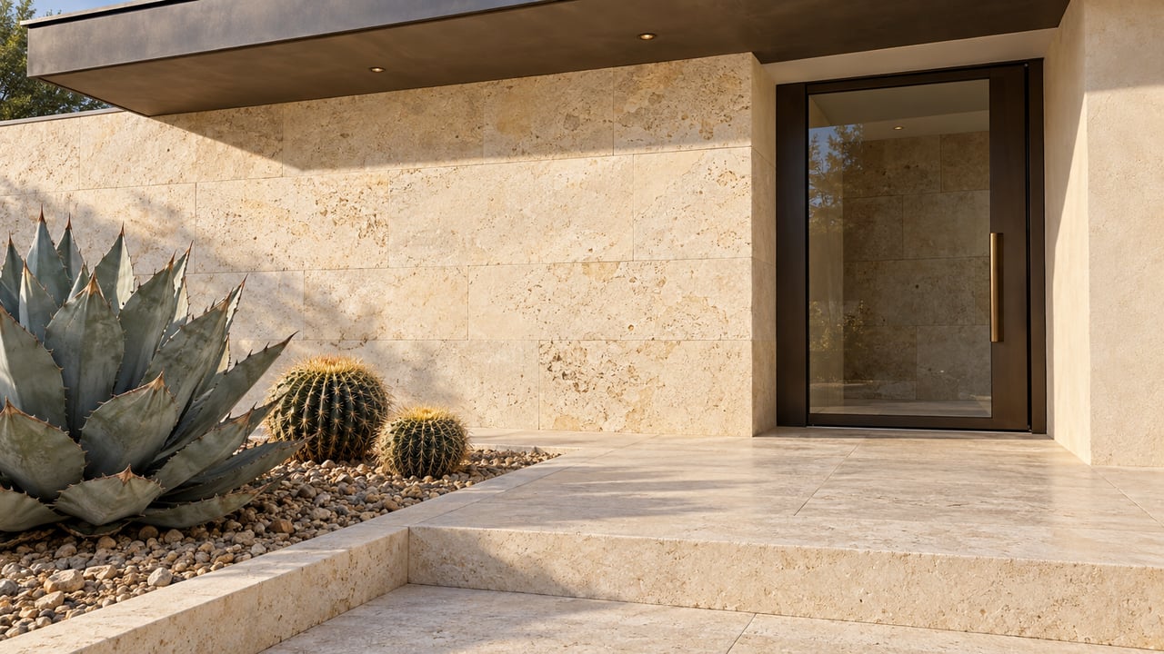 Morning light on a limestone home entrance with a bronze-framed glass door, broad stone step, and sculptural agave and barrel cacti.