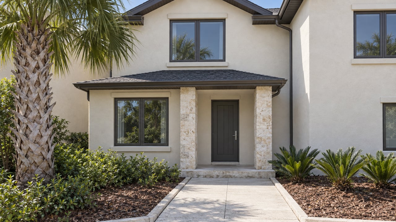 Two-story light-stucco attached home with a stone-trimmed covered entrance, concrete approach, and carefully spaced palm and coontie planting.