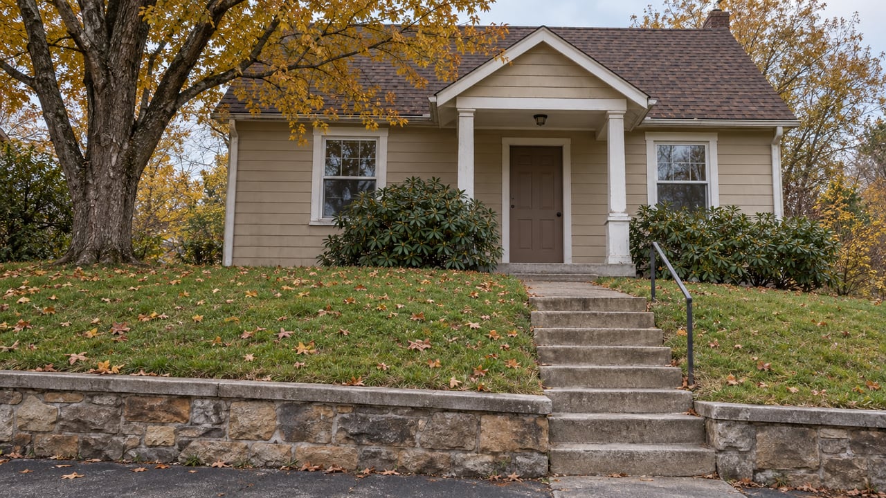 Tan cottage above a sloping autumn lawn, with sandstone retaining wall, concrete steps and a maple tree.