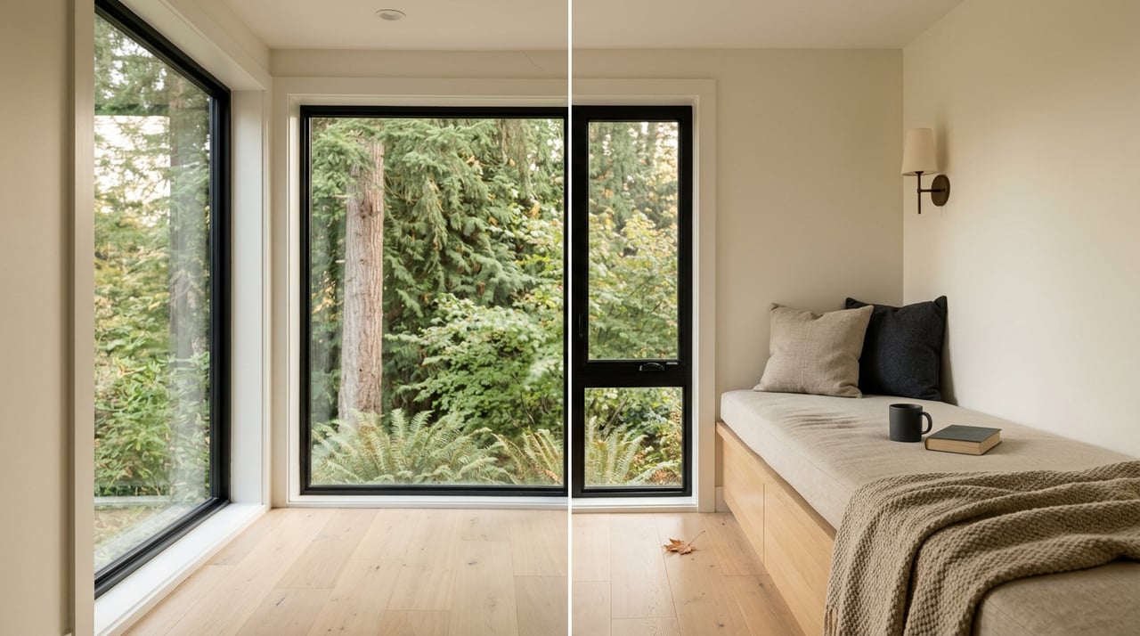 Oak window seat with oatmeal cushion, linen pillows, charcoal mug, and soft-focus evergreen foliage beyond.