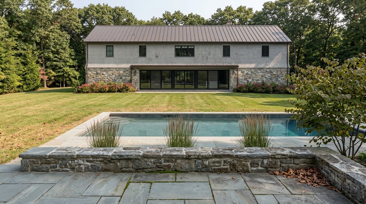 Two-story stone-and-cedar home with wide glass doors overlooks a pool and broad lawn.