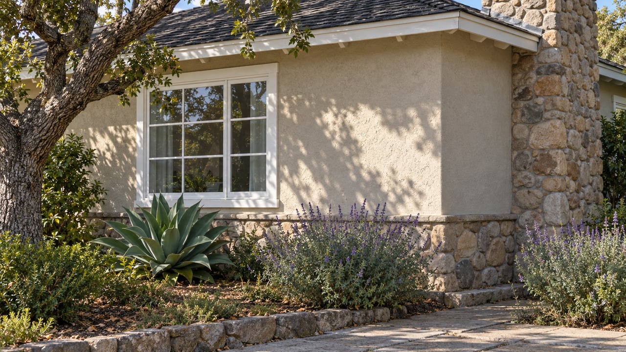 Stucco cottage corner with a stone chimney, divided-light window, and oak-shaded garden.