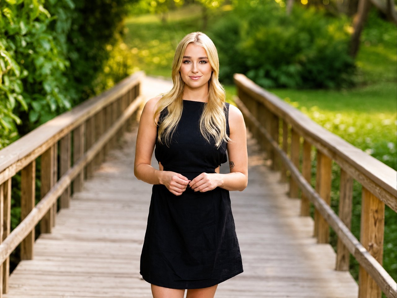 Veronica Wilkins stands on a wooden footbridge in a black dress.