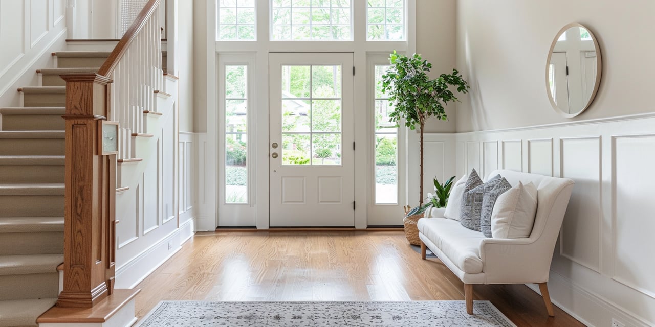 Bright entryway with a carpeted staircase, glass-paneled front door, hardwood floors, and a white sofa.