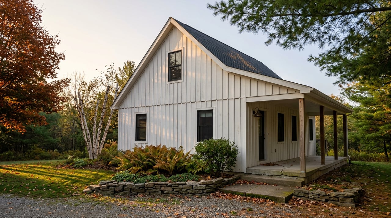 White farmhouse gable and covered porch framed by autumn trees, with a stone-edged garden and fallen leaves.