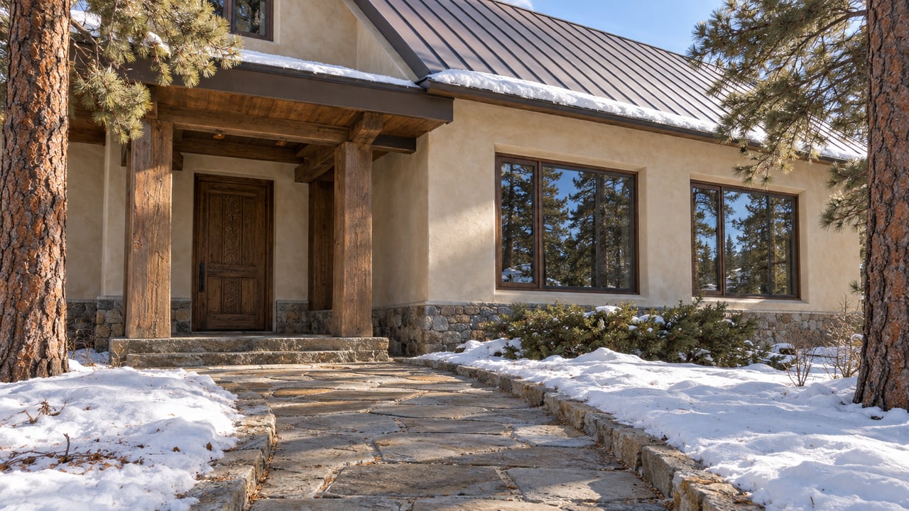 Snow surrounds a sandstone approach to a warm stucco ski home with a timber entry, bronze metal roof, and mature ponderosa pines.
