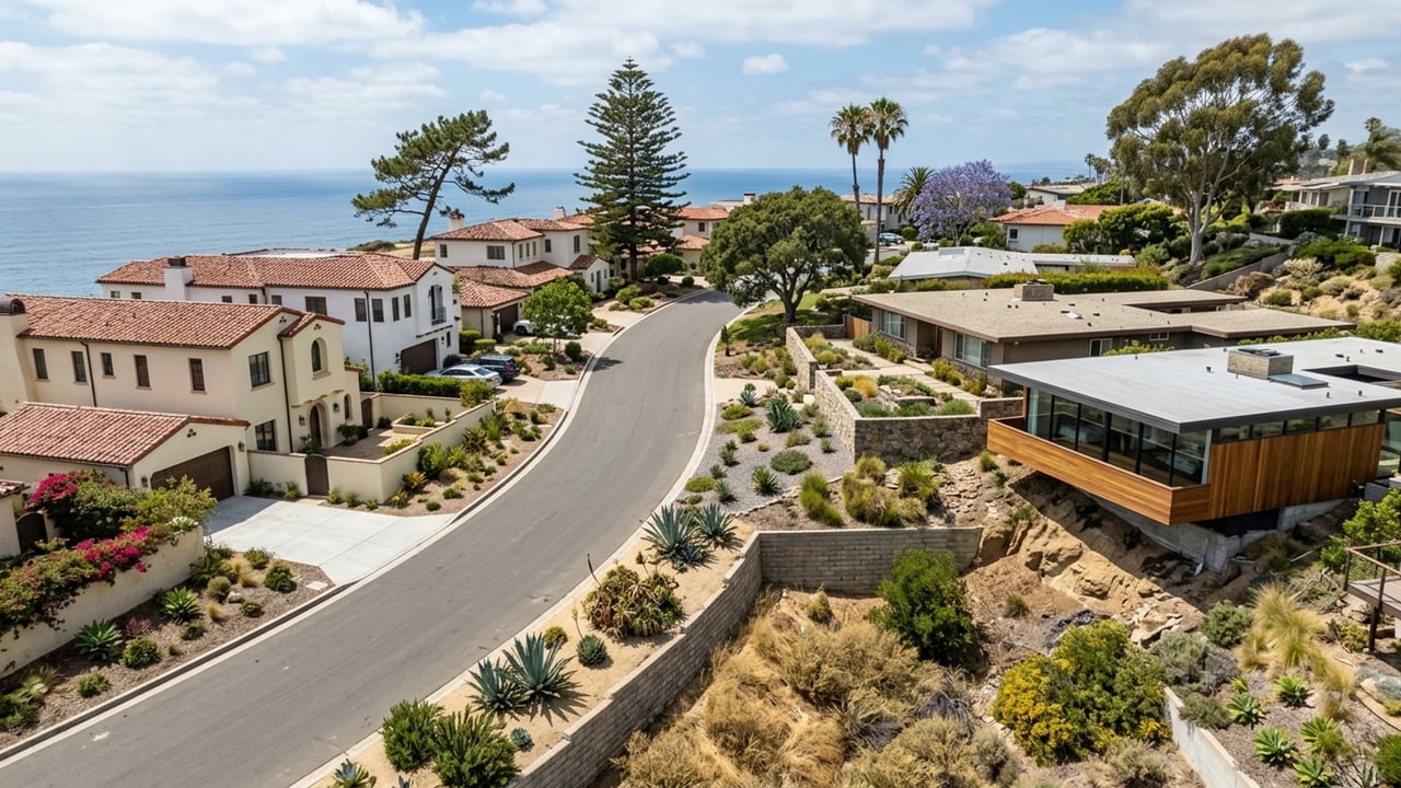 Coastal neighborhood with a winding street, varied homes, and ocean views.