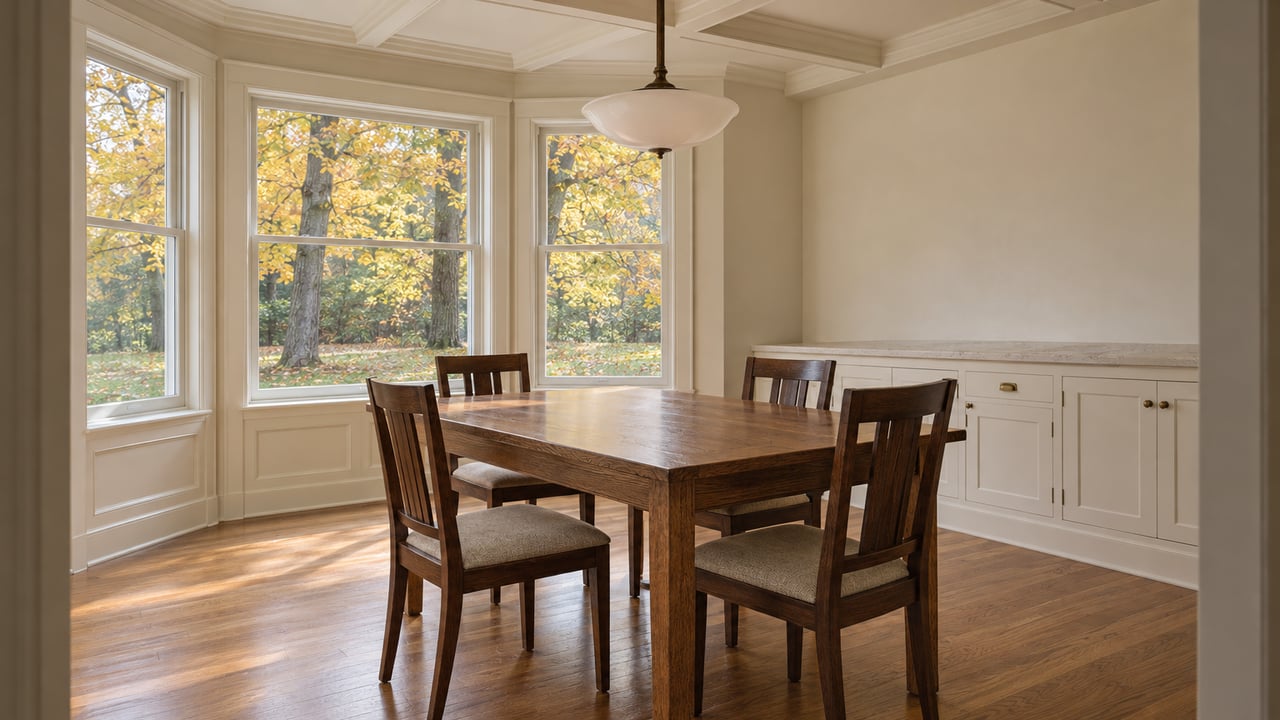 Bright dining room with an oak table, four upholstered wood chairs, ivory built-in cabinetry, and a window bay overlooking golden autumn trees.