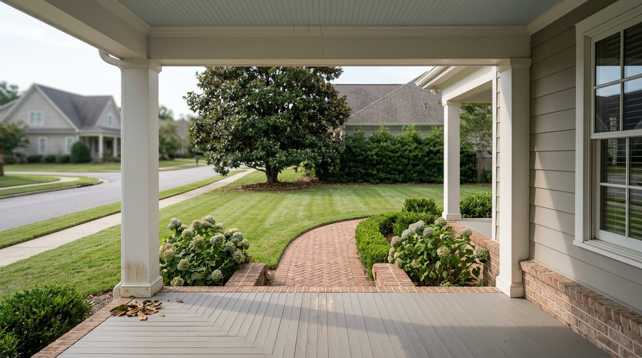 Covered porch frames a brick walkway, striped lawn, clipped boxwood hedge, and mature magnolia tree.