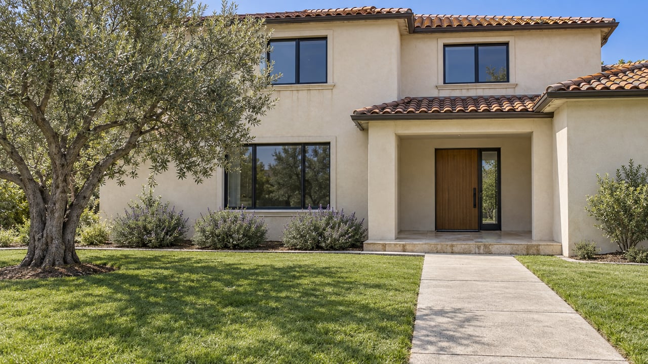 Cream stucco home with a tile roof, black-framed windows, shaded oak entry and a broad lawn beside a mature olive tree.
