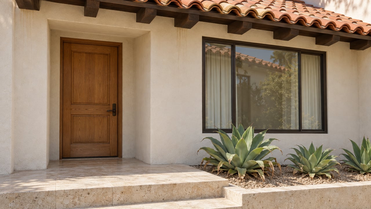 Sunlit ivory stucco entry with an oak door, clay-tile eaves, limestone steps and three sculptural aloe rosettes.