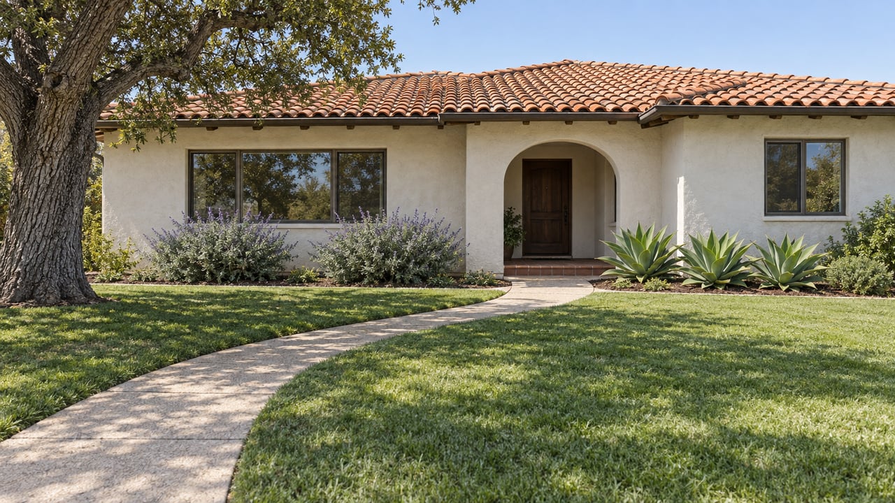 A single-story ivory stucco home with a terracotta roof, bronze-framed windows, a curved concrete walk and an oak shading the front lawn.