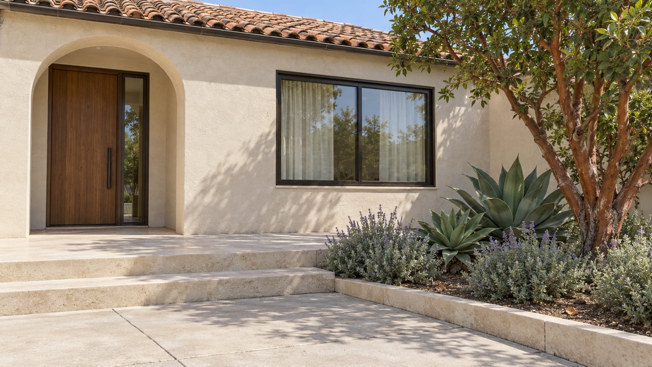 Cream stucco home with a clay-tile roof, recessed oak entry and limestone steps beside a sculptural tree and drought-tolerant planting.