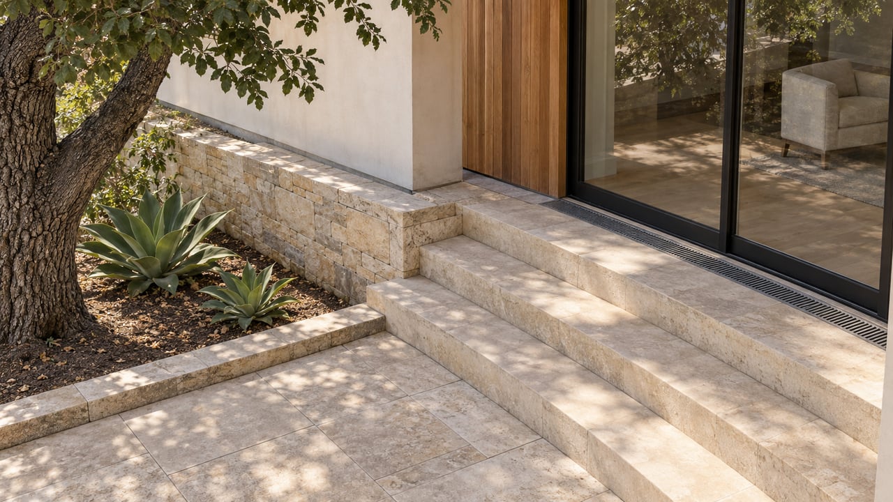 Elevated close view of a contemporary home's cedar and stucco corner, closed glass doors, limestone steps and a mature coast live oak beside a raised planting bed.