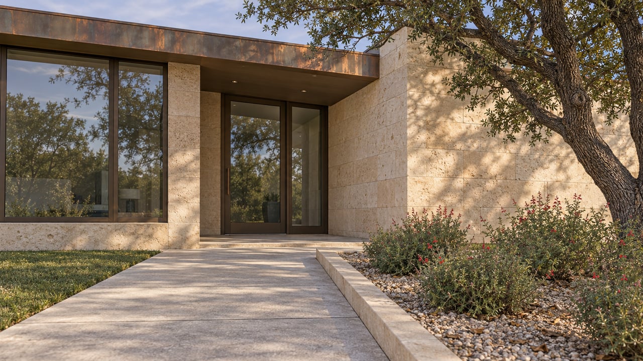 Contemporary limestone home entrance with bronze-framed glazing, a weathered copper roof edge and a sculptural live oak beside a concrete approach.