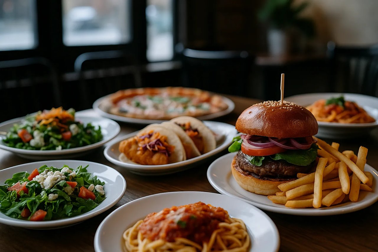 A table spread of Costa Mesa dining favorites including a cheeseburger with fries, tacos, pasta, pizza, and fresh salads in a sunlit restaurant.