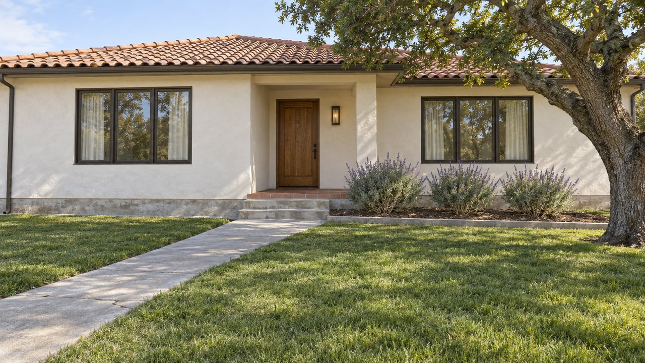 White stucco home with a terracotta roof, bronze-framed windows, and a deep green front lawn beside a mature oak.