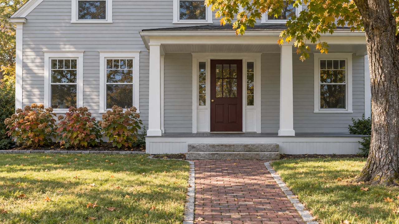 Pale gray clapboard home with a covered porch, red wood door, brick garden walk and early-autumn maple foliage.