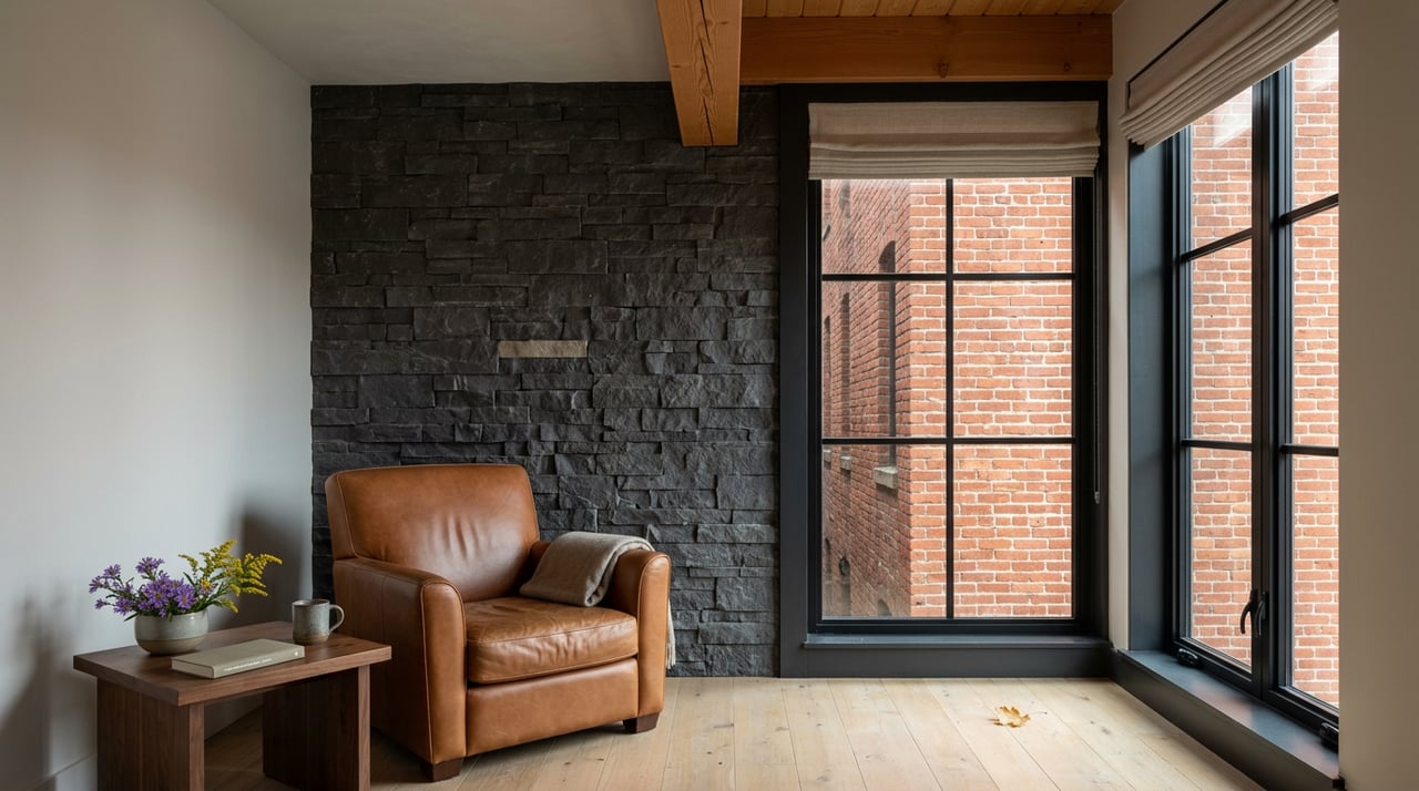 Leather reading chair beside a black steel window overlooking a red brick wall, with a walnut table and autumn flowers.