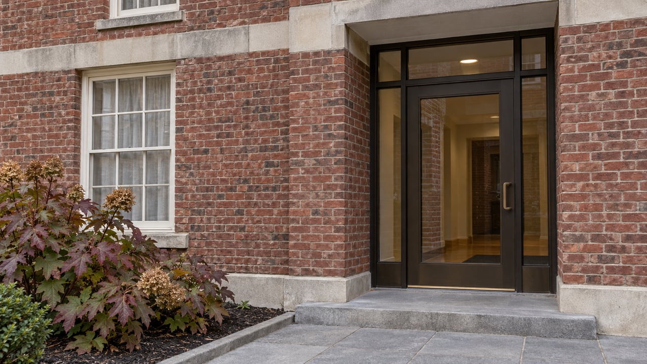 Russet brick condominium entrance with pale stone trim, bronze-framed glass door and oakleaf hydrangea beside a short stone approach.