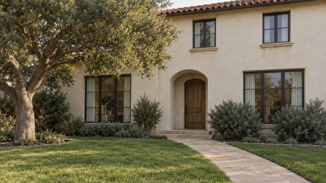 Cream stucco home with clay roof tiles, dark-framed windows, a sandstone entry walk, and a front lawn beneath a mature oak.