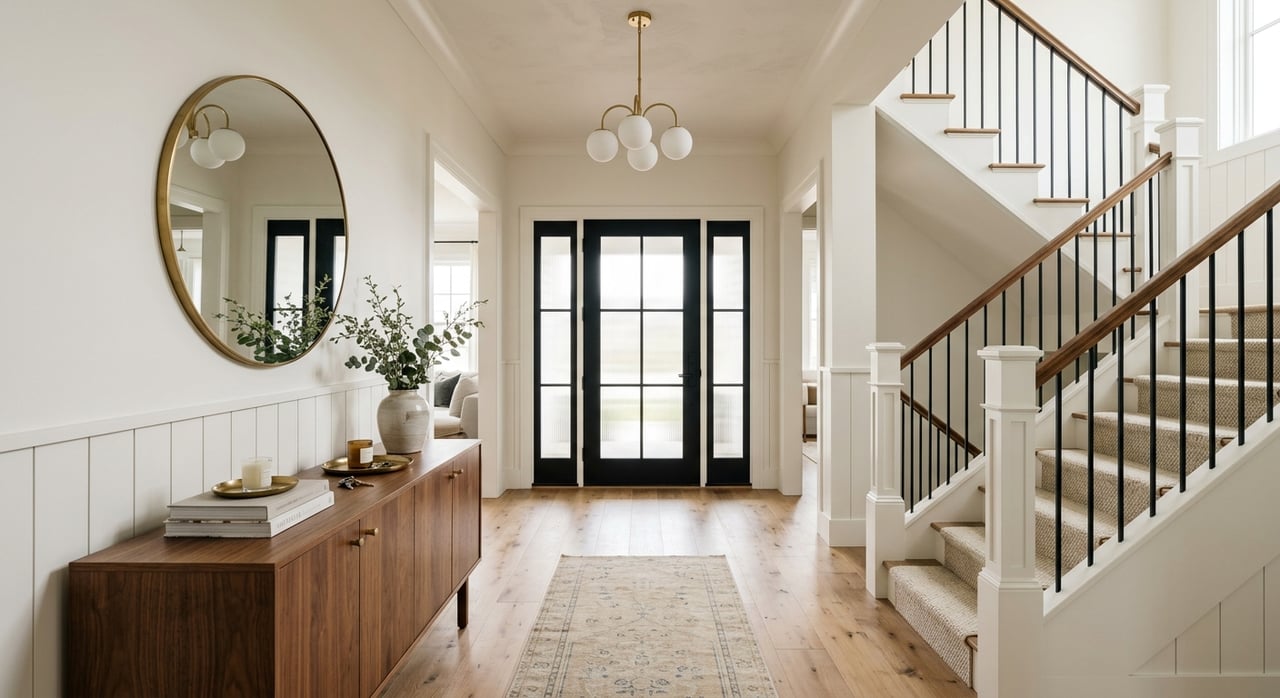 Entry hall with a warm wood front door, frosted sidelights, and walnut console beneath a brass globe pendant.
