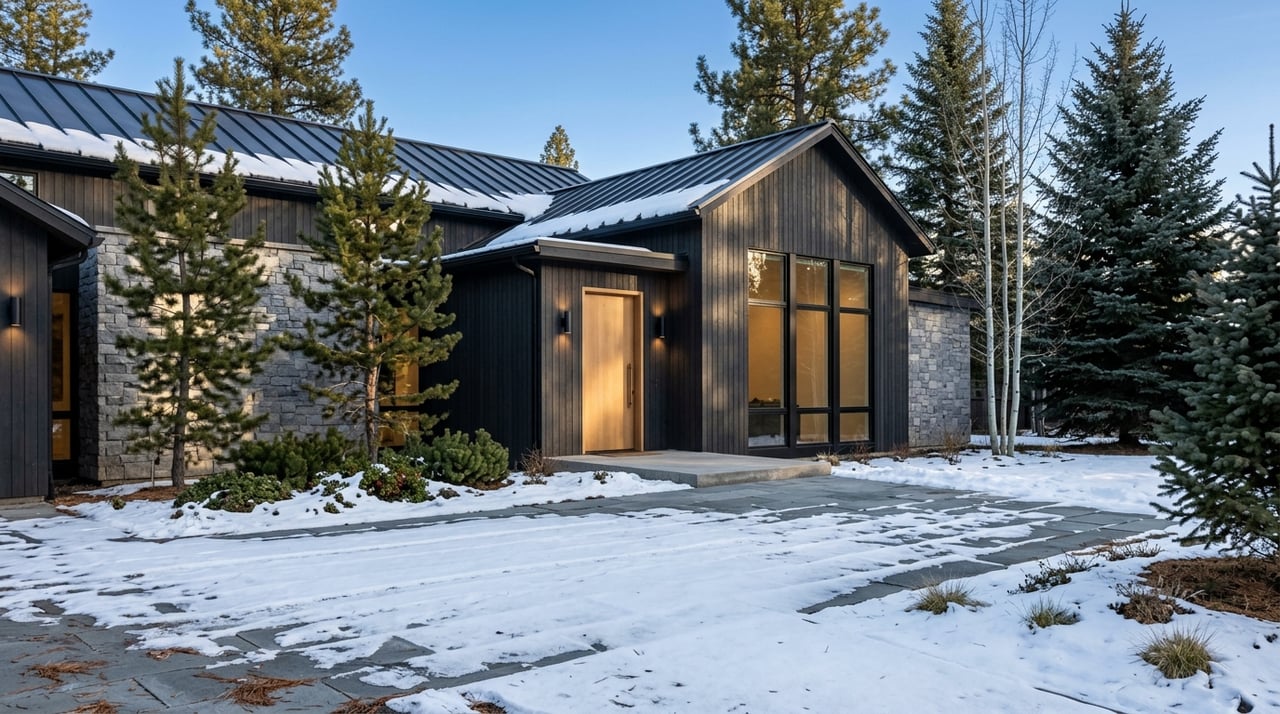 Luxury property exterior set against winter terrain, lit by low, angled sunlight.