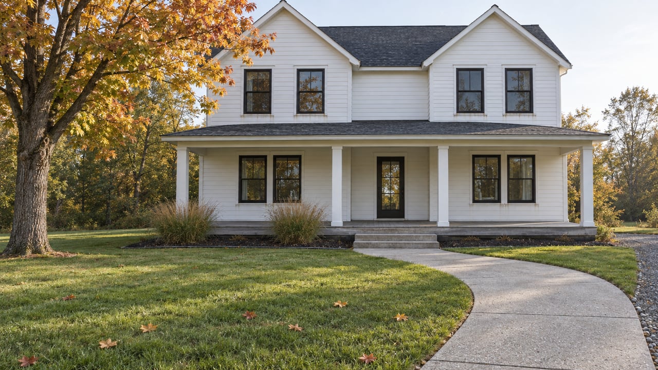 White clapboard home with black-framed windows and a low front porch beyond a deep lawn, curved concrete walk, and an autumn sugar maple.
