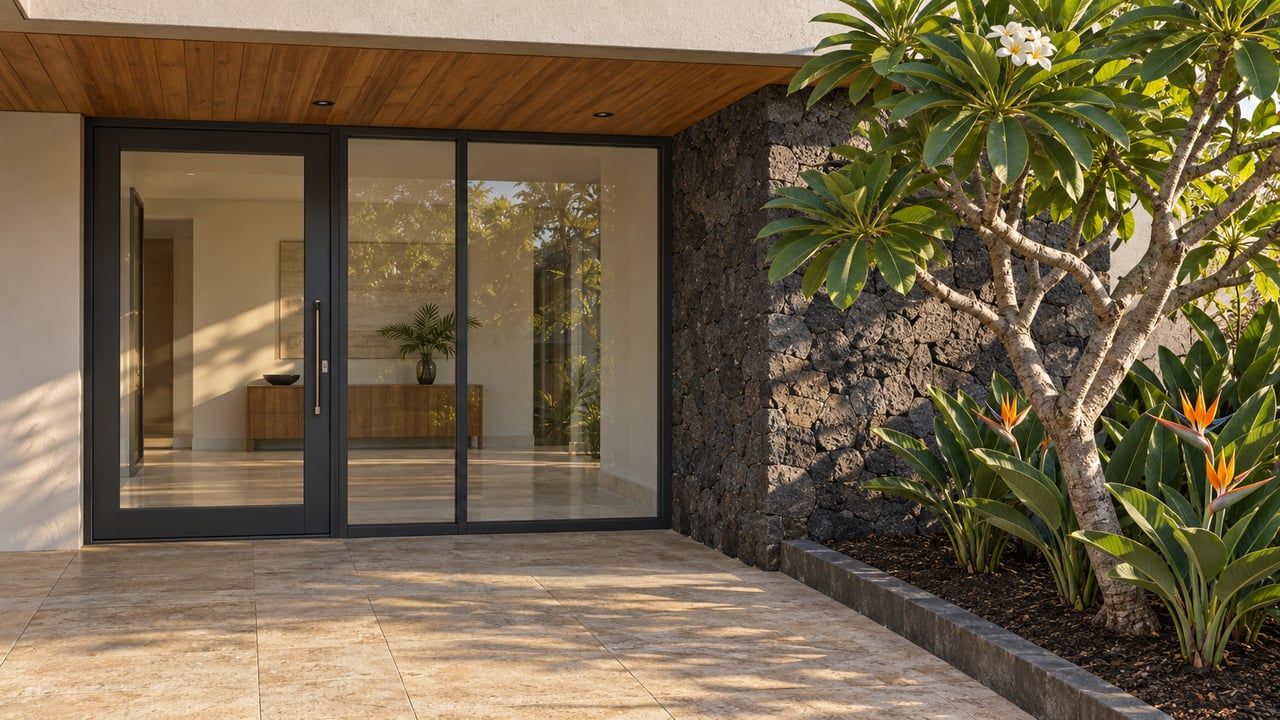 Morning light across a lava-stone entrance pier, beige paving, and a glazed doorway beneath a timber-lined eave, beside flowering tropical planting.
